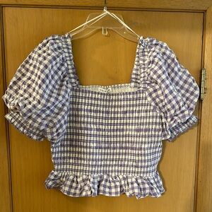Free the Roses Women’s Gingham Puff Sleeve Ruffle Crop Top Purple Size Medium